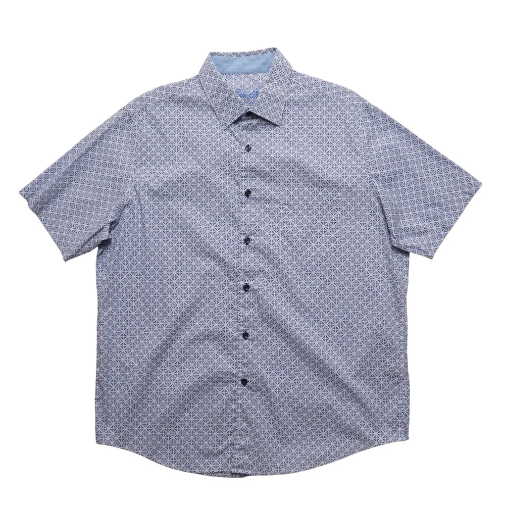 Tasso Elba Mens Large 16 16 1/2 Blue Geometric Medallion Print Cotton Shirt